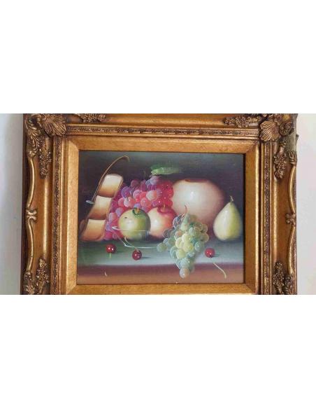 Quadro-natura-morta-con-frutta-e-uva-elegante-cornice-dorata-lavorata-7