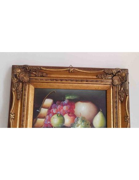 Quadro-natura-morta-con-frutta-e-uva-elegante-cornice-dorata-lavorata-10