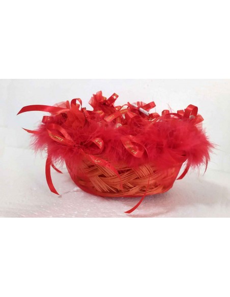 Cesto-bomboniere-Laurea-con-piume-rosse-e-nastri-in-raso-o-26xh10-cm-1