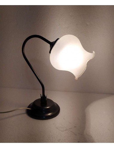 Lampada-da-comodino-in-ferro-battuto-con-diffusore-a-tulipano-in-vetro-satinato-accesa-1