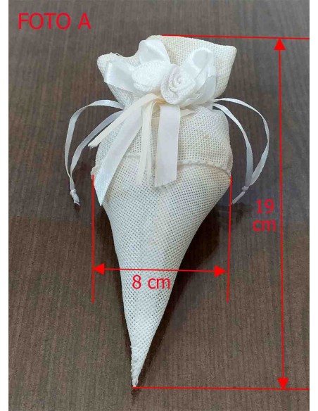 Cono-portaconfetti-in-juta-con-rose-di-stoffa-Bianco-dimensioni