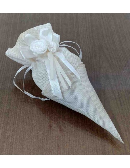 Cono-portaconfetti-in-juta-con-rose-di-stoffa-Bianco