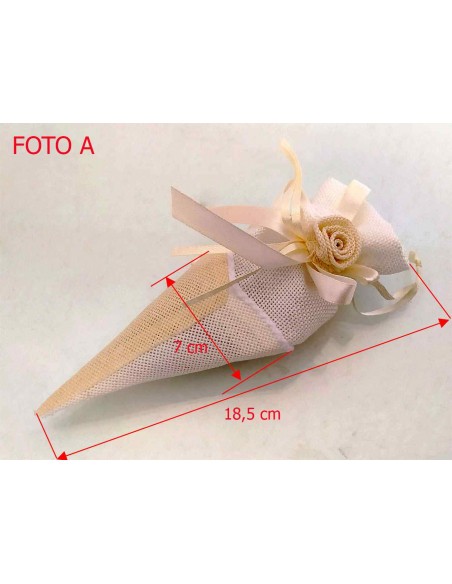 Cono-portaconfetti-in-juta-con-rose-di-stoffa-Bianco/Avorio-Dimensioni