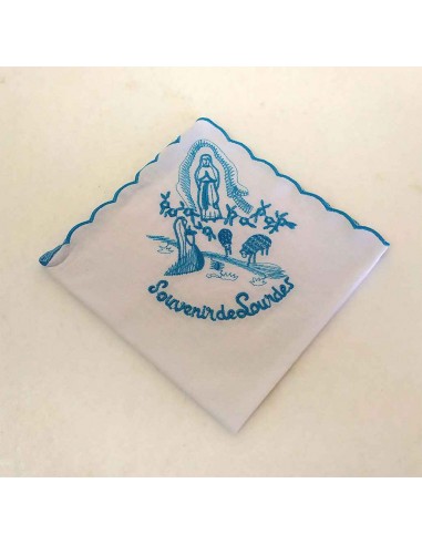 Fazzoletto-souvenir-de-lourdes-in-cotone-con-ricamo-blu-25x25-cm