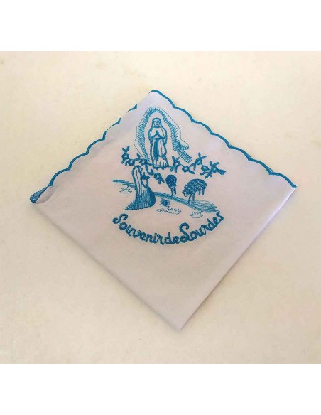 Fazzoletto-souvenir-de-lourdes-in-cotone-con-ricamo-blu-25x25-cm
