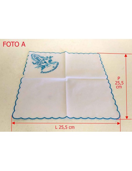 Fazzoletto-souvenir-de-lourdes-in-cotone-con-ricamo-blu-25x25-cm-dimensioni