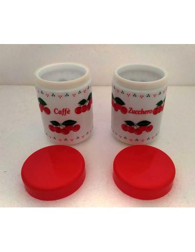 Barattoli cucina vintage anni 70 porta caffè e zucchero in vetro opalino bianco, vista senza tappo.