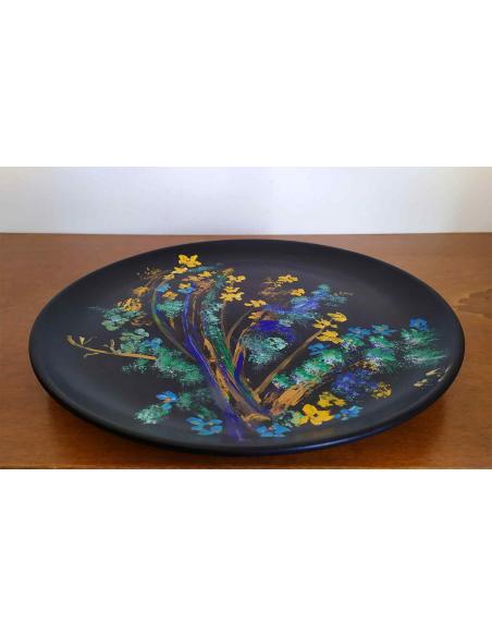 Piatto in Ceramica Decorativo Nero con Dipinto Floreale Artigianale
