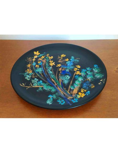 Piatto in Ceramica Decorativo Nero con Dipinto Floreale Artigianale, vista disegno.