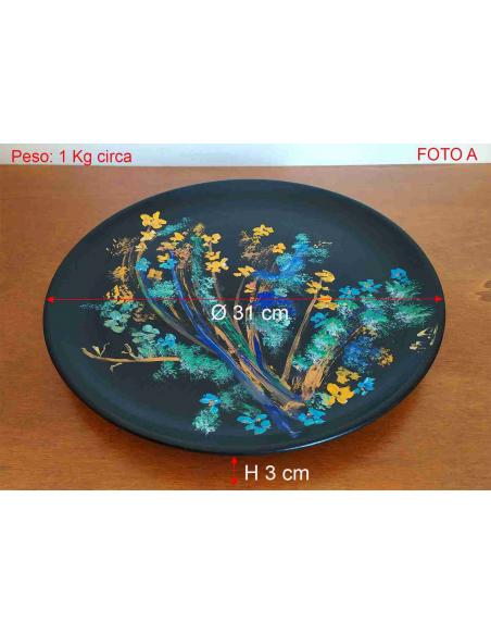 Piatto in Ceramica Decorativo Nero con Dipinto Floreale Artigianale con dimensioni.