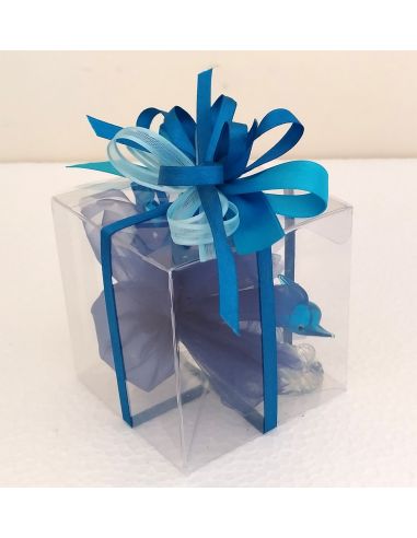 Delfini-colore-Azzurro-in-coppia-su-base-trasparente-con scatola-e-fiocco