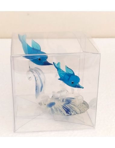 Delfini-colore-Azzurro-in-coppia-su-base-trasparente-con scatola