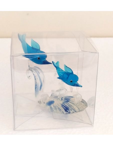 Delfini-colore-Azzurro-in-coppia-su-base-trasparente-con scatola