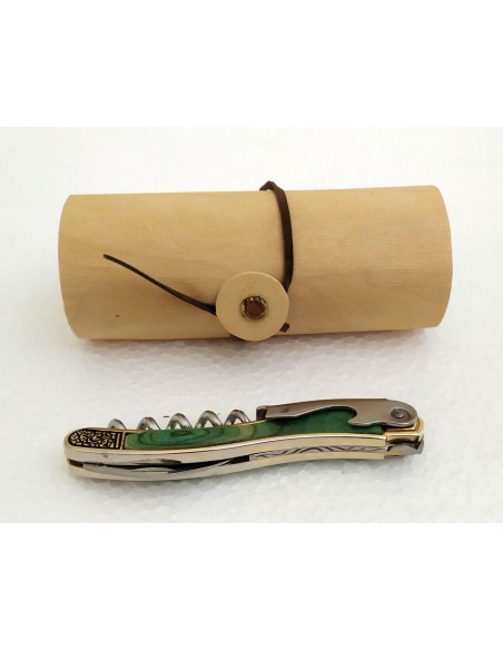 Cavatappi-apribottiglie-metallico-verde-in-astuccio-stile-legno