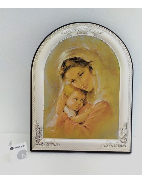 Quadro-Madonna-con-bambino-su-tela-con-cornice-in-argento-bilaminato