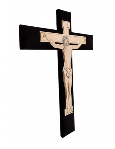 Crocifisso-Cristo-in-argento-bilaminato-su-croce-in-pelle-nera-2