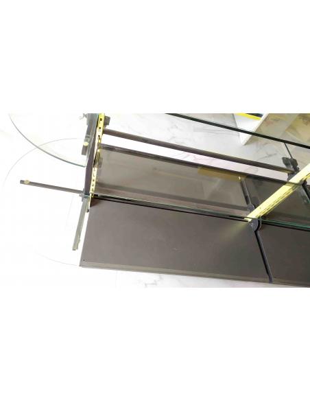 Scaffale-gondola-bifacciale-per-esposizione-con-base-in-legno-e-ripiani-in-vetro-6