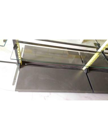 Scaffale-gondola-bifacciale-per-esposizione-con-base-in-legno-e-ripiani-in-vetro-5