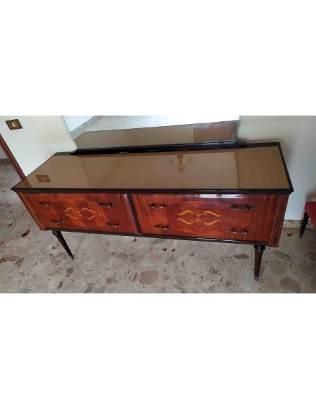 Como-antico-in-legno-lucido-decorato-con-4-cassetti-e-specchio-5