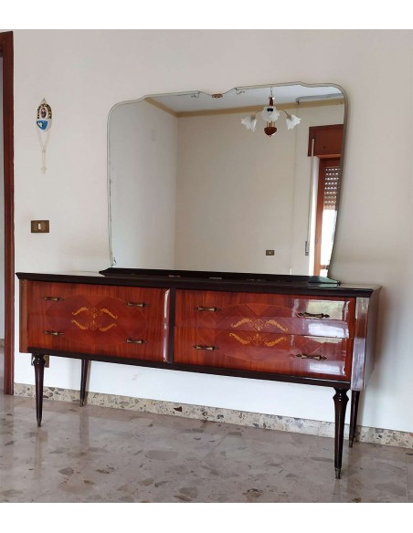 Como-antico-in-legno-lucido-decorato-con-4-cassetti-e-specchio-3