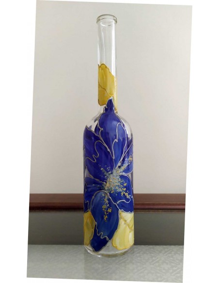 Bottiglia-in-vetro-dipinta-con-fiori-blu-e-foglie-oro-4