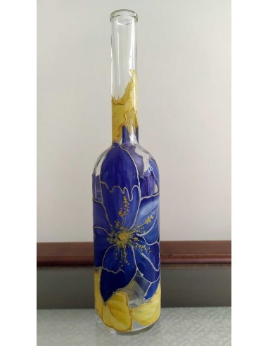 Bottiglia-in-vetro-dipinta-con-fiori-blu-e-foglie-oro-5