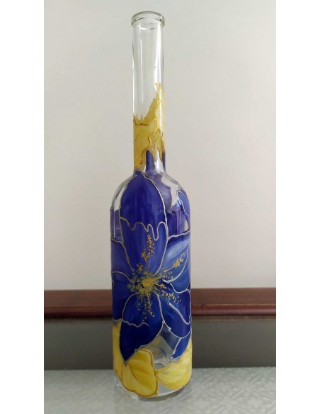 Bottiglia-in-vetro-dipinta-con-fiori-blu-e-foglie-oro-5