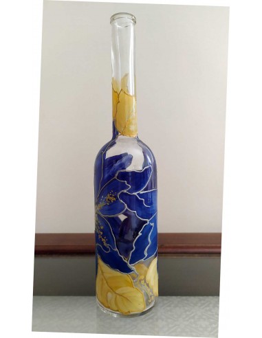Bottiglia-in-vetro-dipinta-con-fiori-blu-e-foglie-oro-3