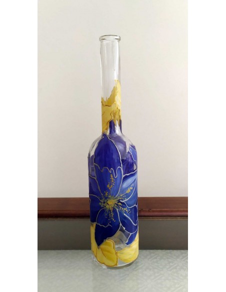 Bottiglia-in-vetro-dipinta-con-fiori-blu-e-foglie-oro-6