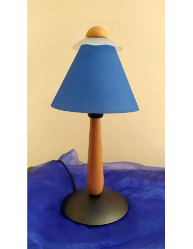 Lumetto-abajur-in-legno-e-metallo-con-paralume-blu