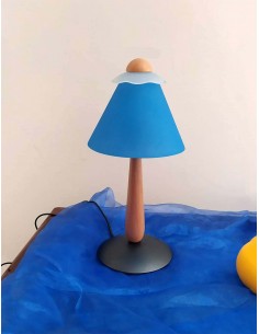 Lumetto-abajur-in-legno-e-metallo-con-paralume-blu 2