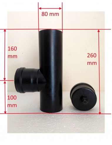 Raccordo-a-T-90°-con-tappo-di-scarico-acciaio-nero-per-stufe-a-pellet-Dimensioni
