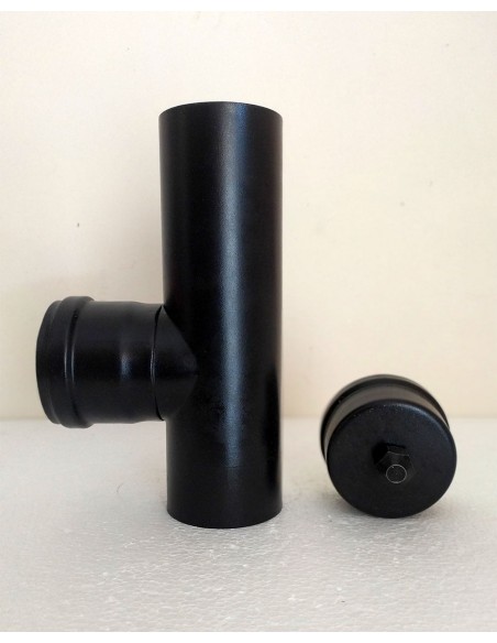 Raccordo-a-T-90°-con-tappo-di-scarico-acciaio-nero-per-stufe-a-pellet
