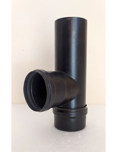 Raccordo-a-T-90°-con-tappo-cieco-acciaio-nero-per-stufe-a-pellet