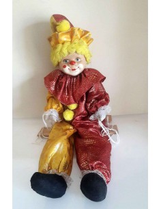 Marionetta-clown-artigianale-con-costume-giallo-e-rosso-vintage